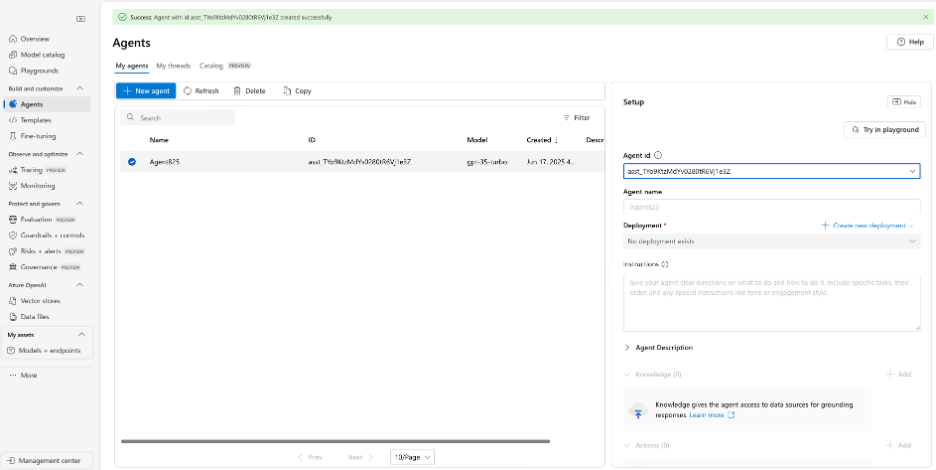 Azure AI agents dashboard showing new agent creation interface