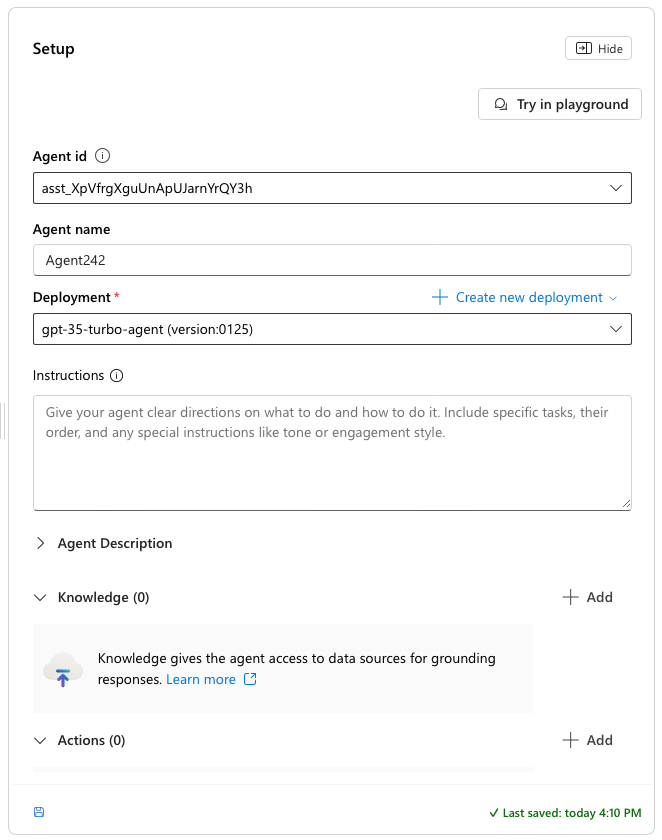 Agent setup panel showing instructions, knowledge base, and actions configuration