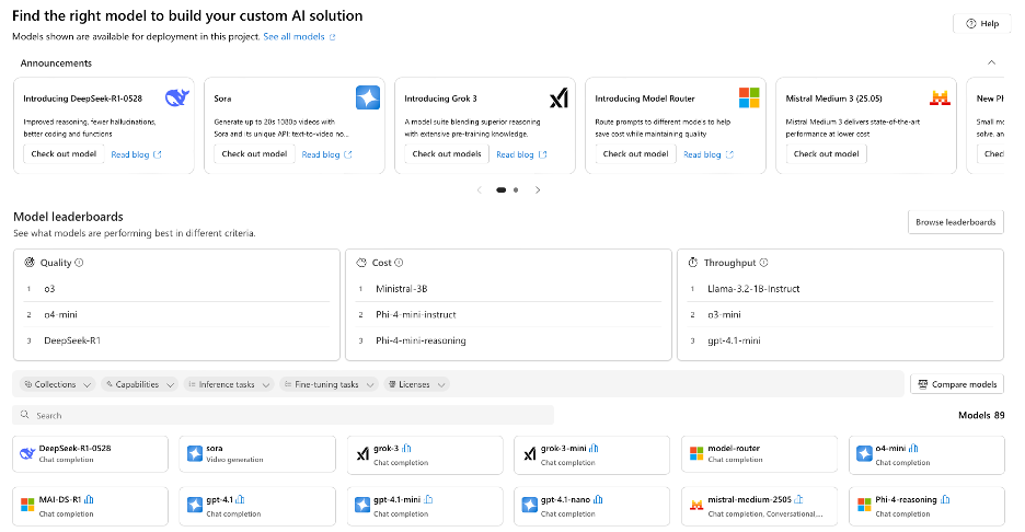 Model catalogue overview showing available AI models and categories