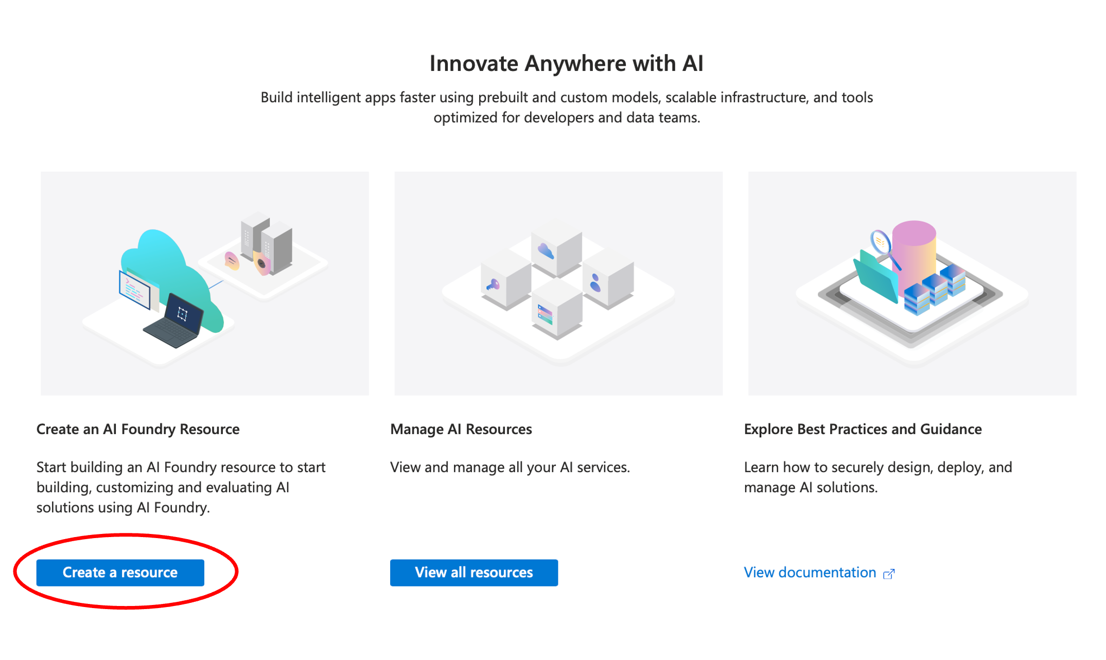Create resource button in Azure AI Foundry overview tab