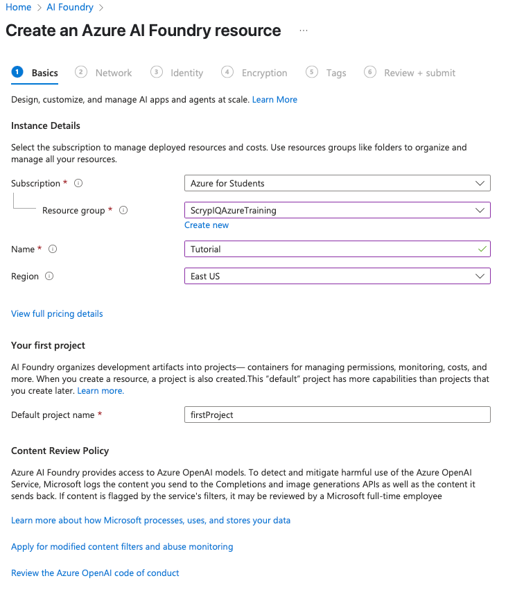 Resource configuration form with subscription, resource group, name, and region fields