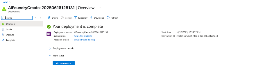 Deployment complete page with go to resource button