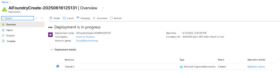 Deployment in progress page showing resource creation status
