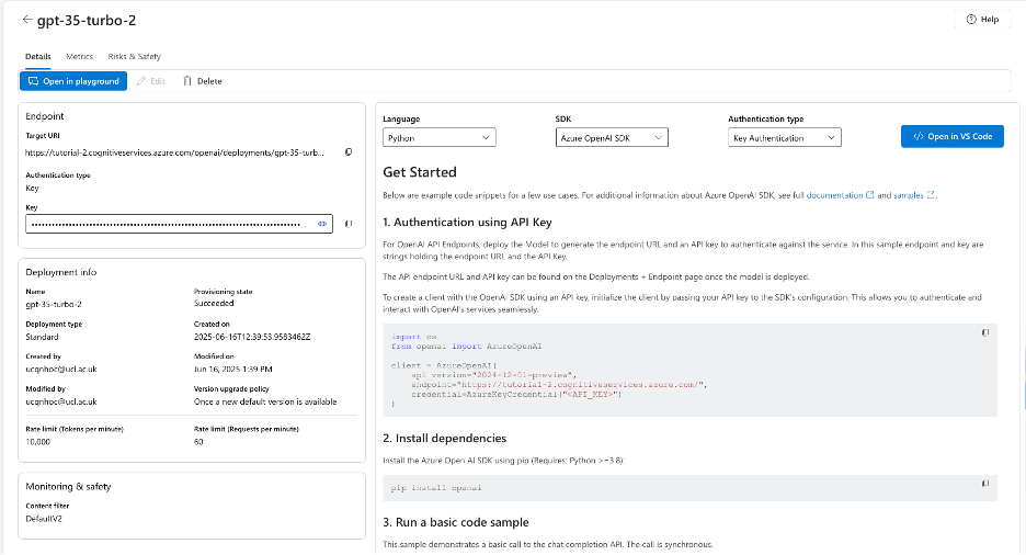 Model details page showing deployed model information and options