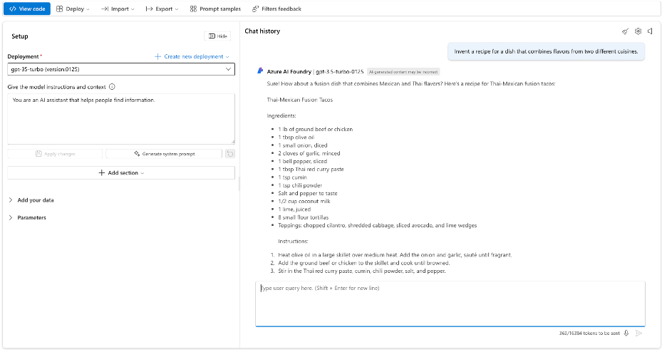 AI model playground interface for testing prompts and interactions