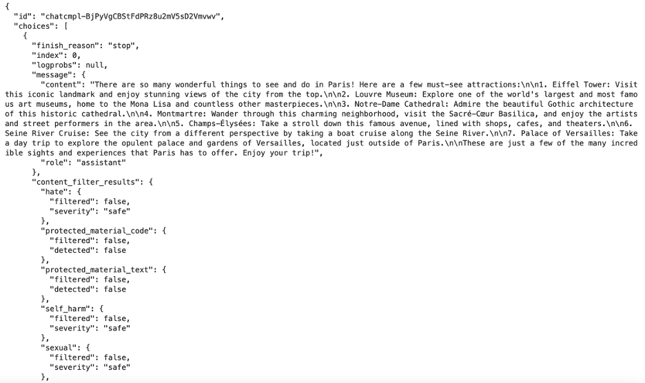 Example JSON response output from the AI model showing complete structure