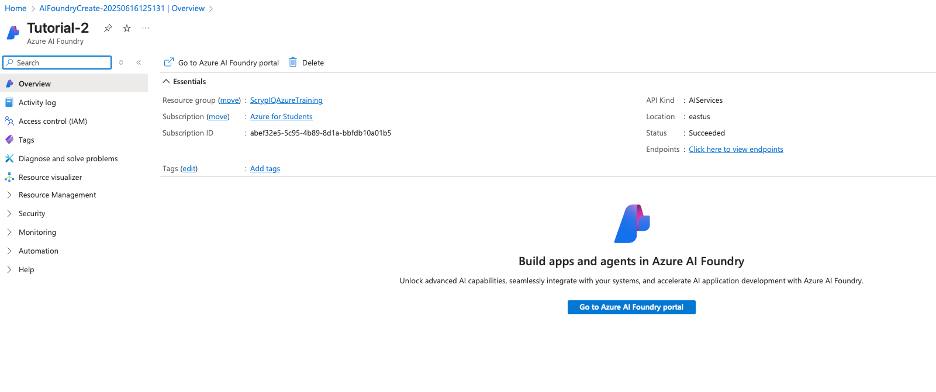 Azure AI Foundry resource portal with management options and portal access button