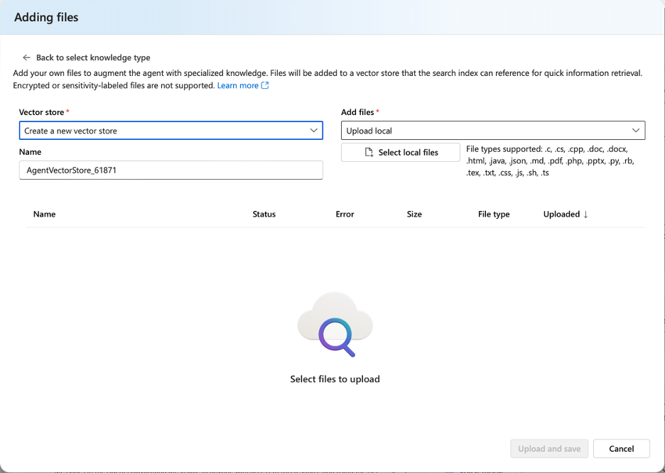 Vector store creation interface for uploading documents