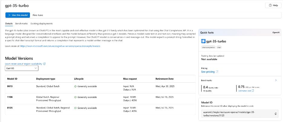 GPT-3.5-turbo model information page showing description, quality level, and pricing