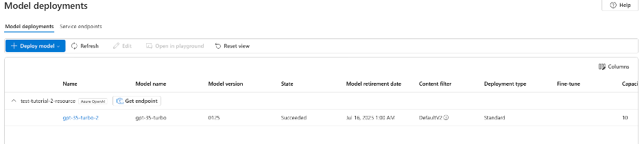 My assets dropdown menu showing Models + endpoints option