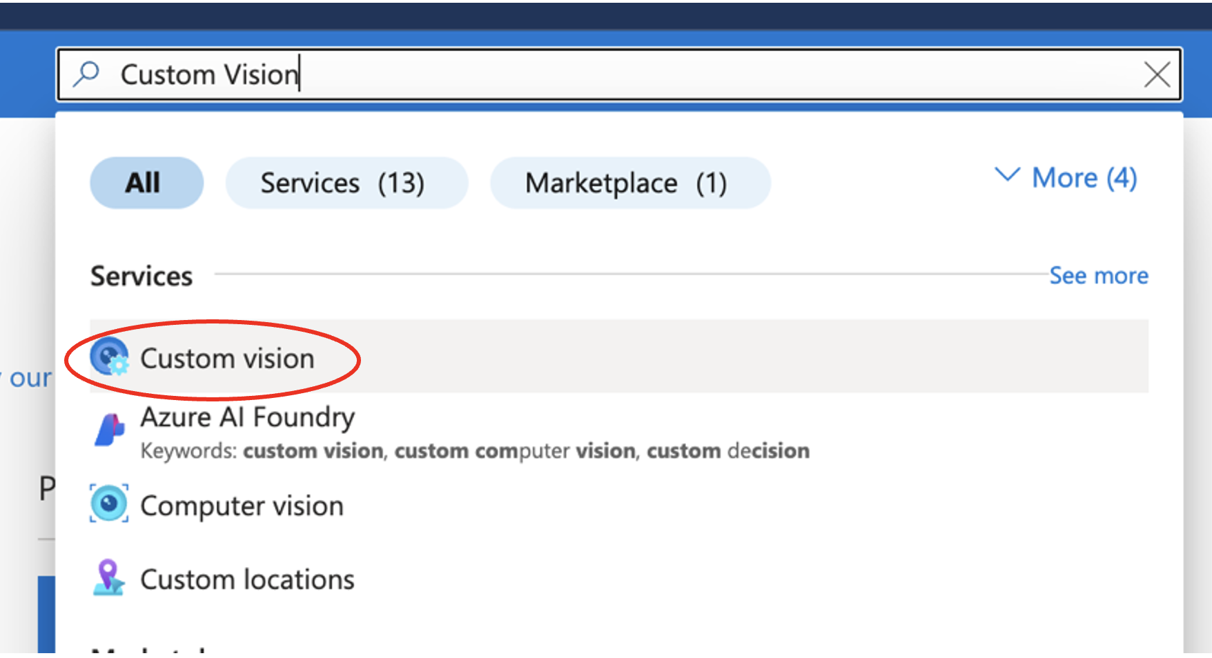 Searching for Custom Vision in Azure portal search bar