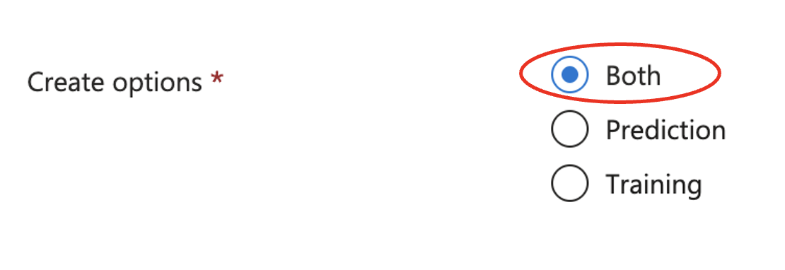 Custom Vision create options showing Both, Prediction, and Training radio buttons with Both selected