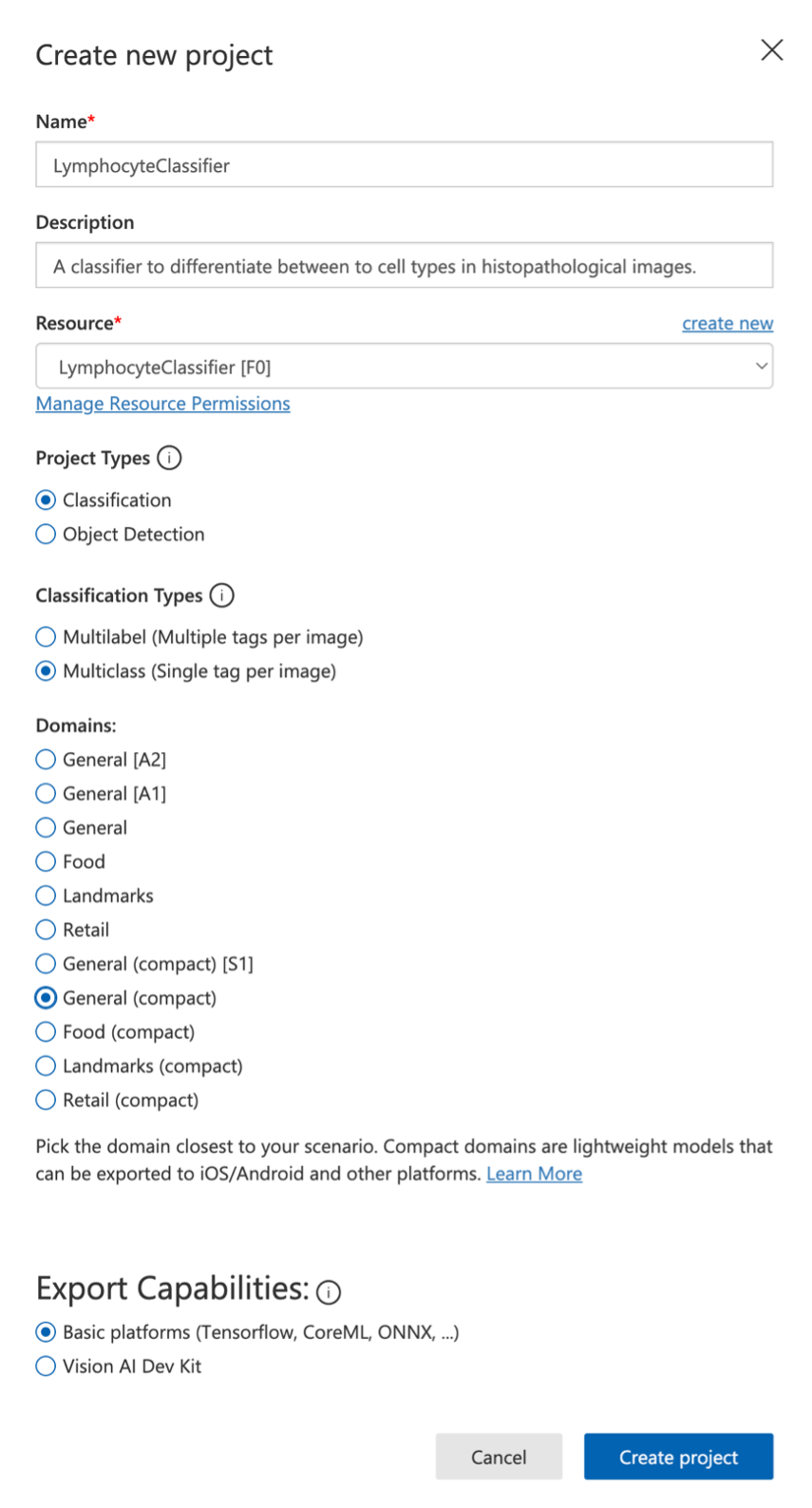 Create new project dialog in Custom Vision showing project configuration options