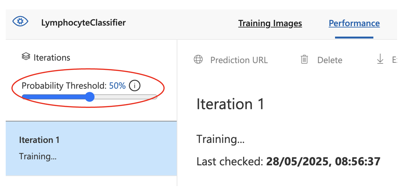 Custom Vision probability threshold slider interface showing 50% threshold setting