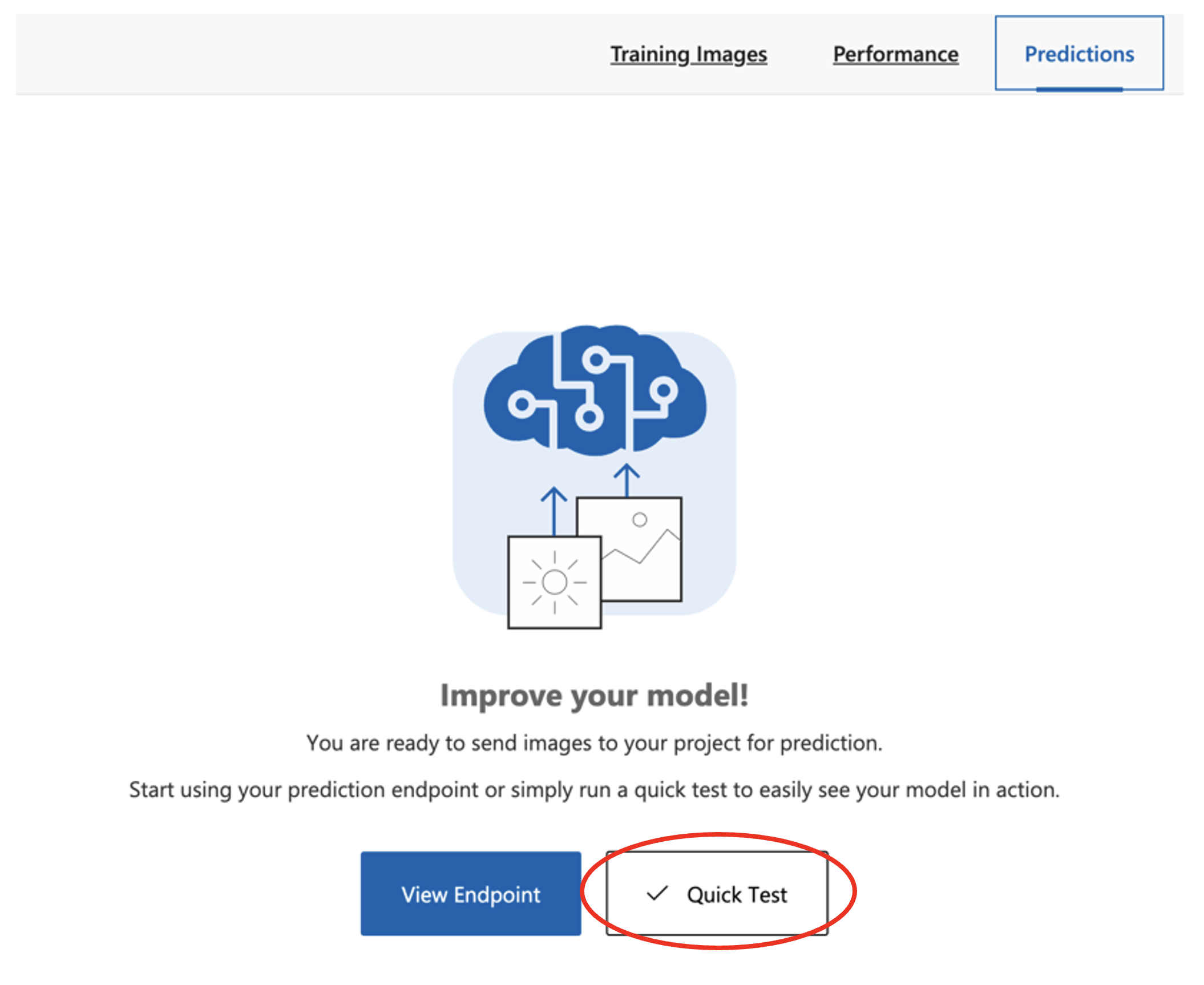 Custom Vision Predictions tab interface showing Quick Test button highlighted