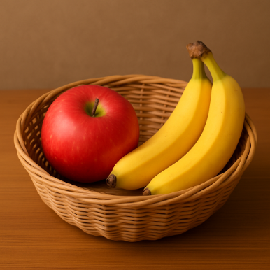 Wicker basket containing red apple and bananas demonstrating multi-label classification scenario
