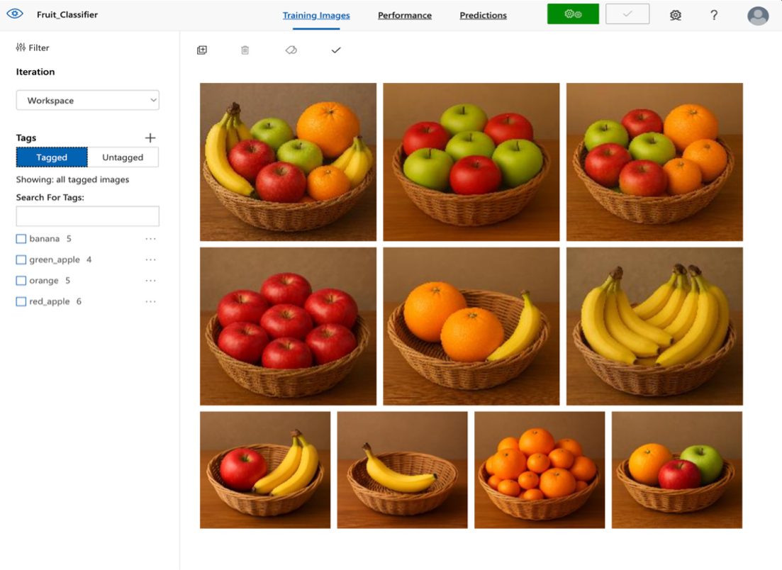 Training images showing various fruit combinations in baskets