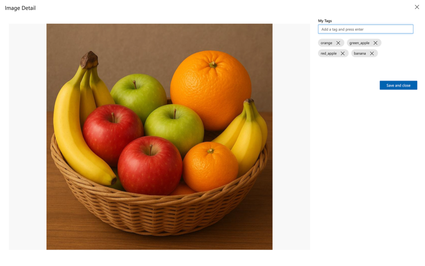 Image tagging interface showing how to apply multiple labels to a fruit basket image
