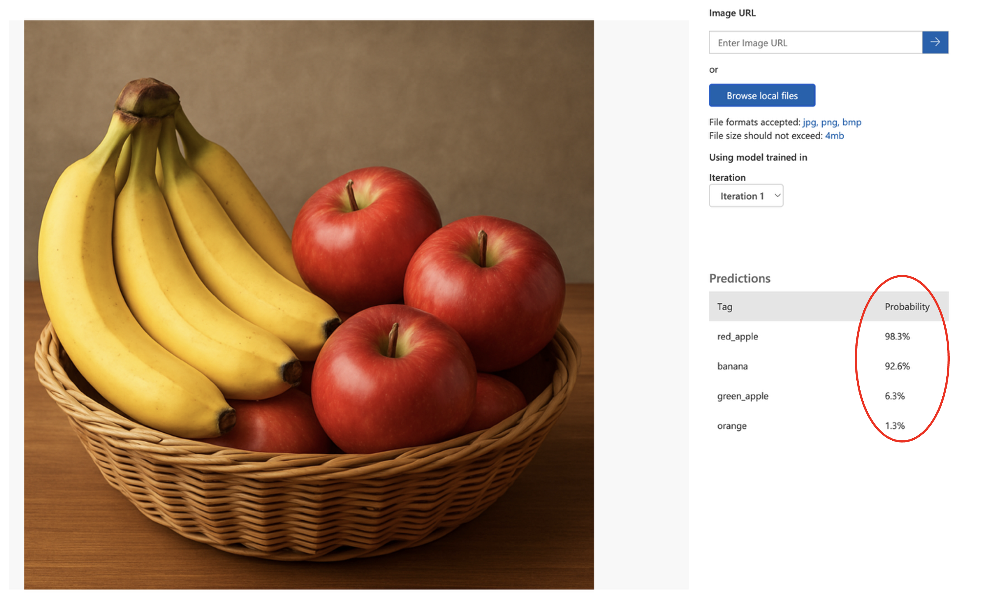 Quick Test interface showing prediction results with probability scores for each fruit label