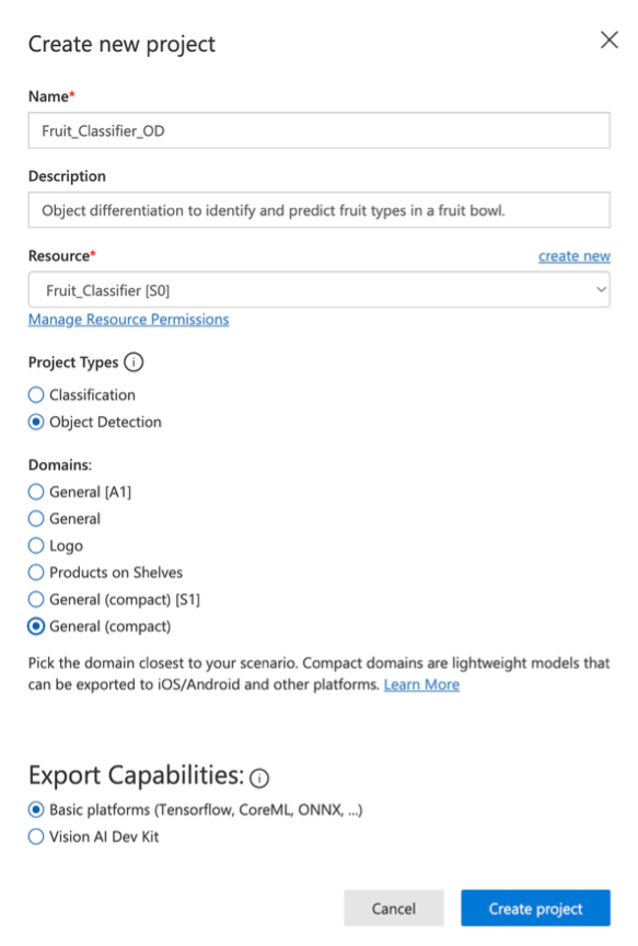 Example Custom Vision project creation form for object detection