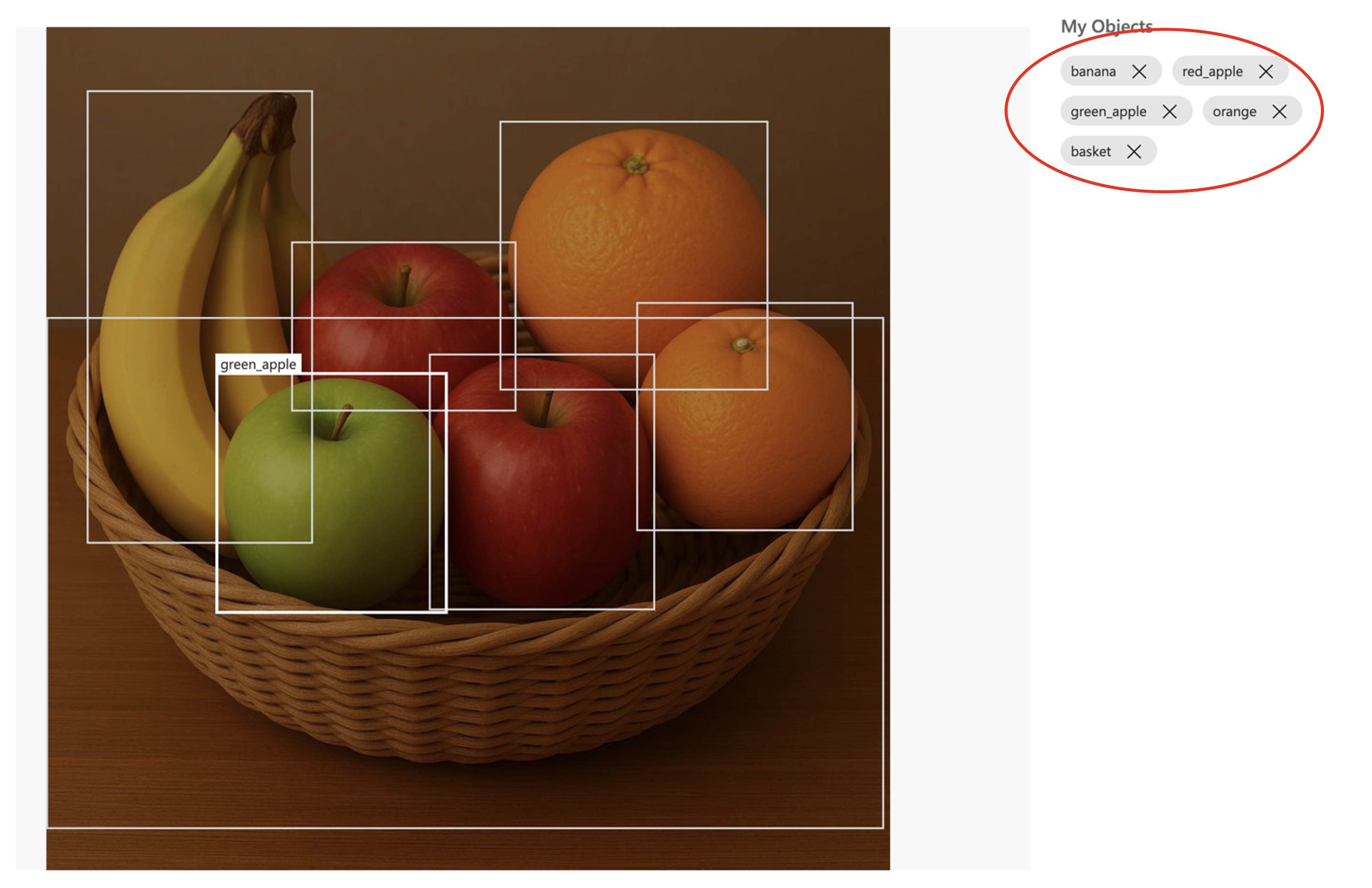 Fruit basket image with bounding boxes drawn around each fruit and object tag panel