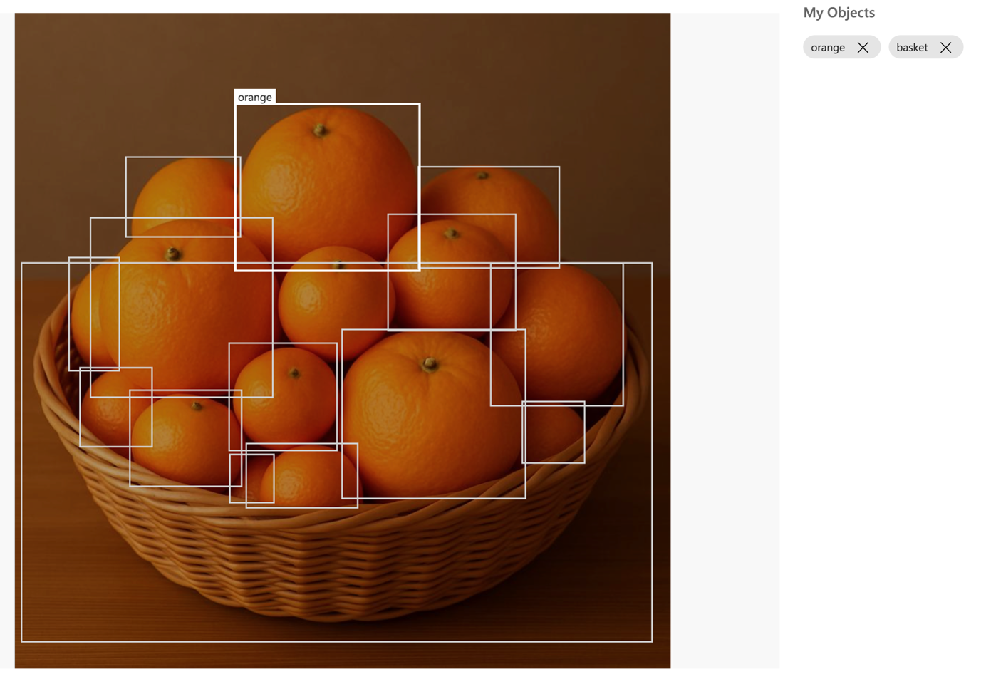 Basket of oranges with individual bounding boxes drawn around each orange
