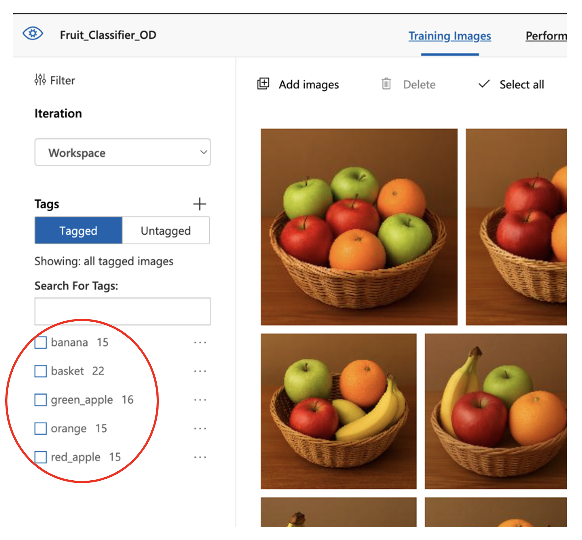 Custom Vision interface showing tagged images with tag counts displayed in the sidebar