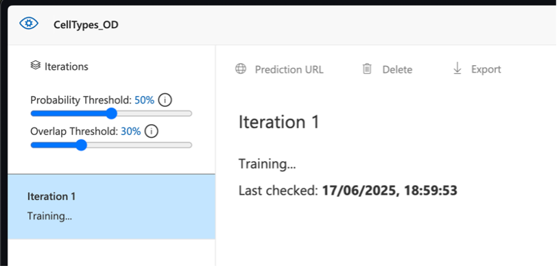 Custom Vision training interface showing training progress for object detection model