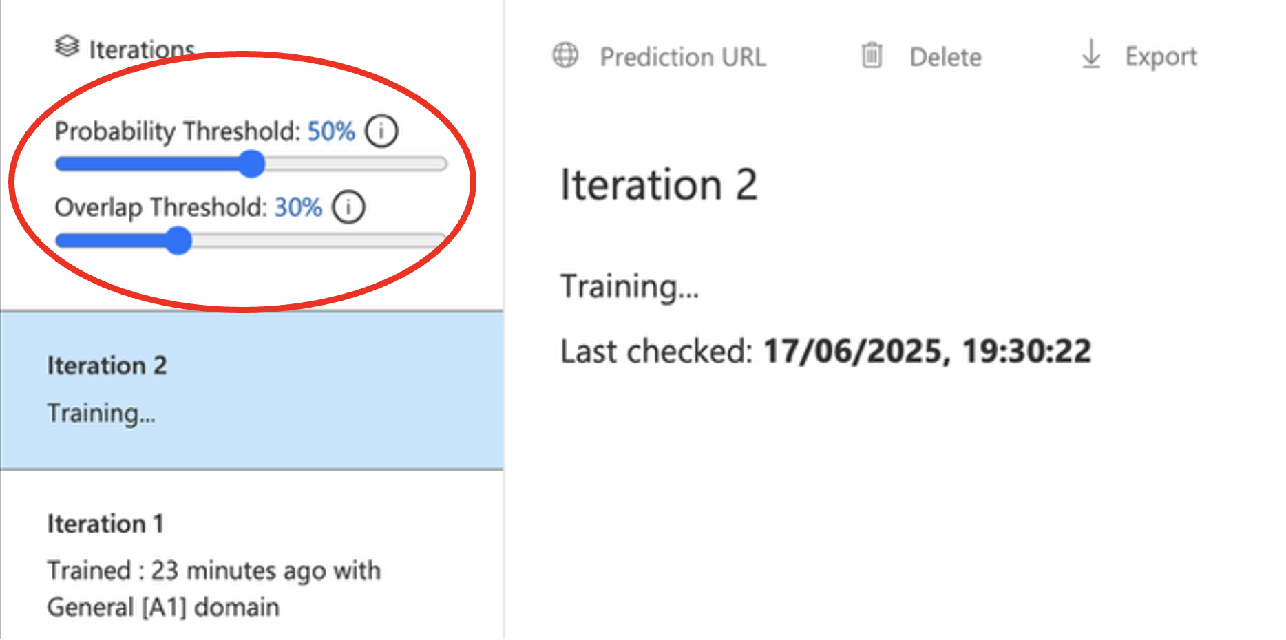 Custom Vision threshold controls showing Probability and Overlap threshold sliders