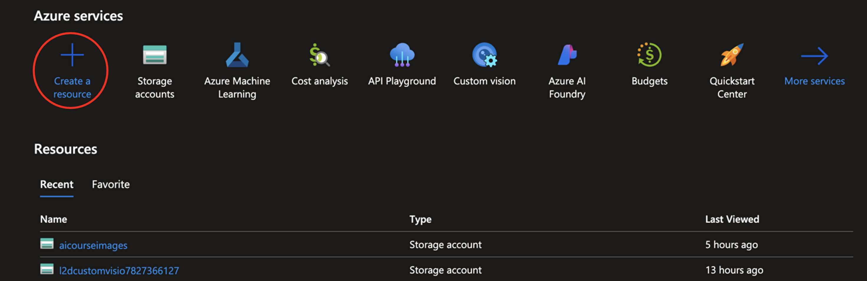 Azure portal showing the Create a resource button