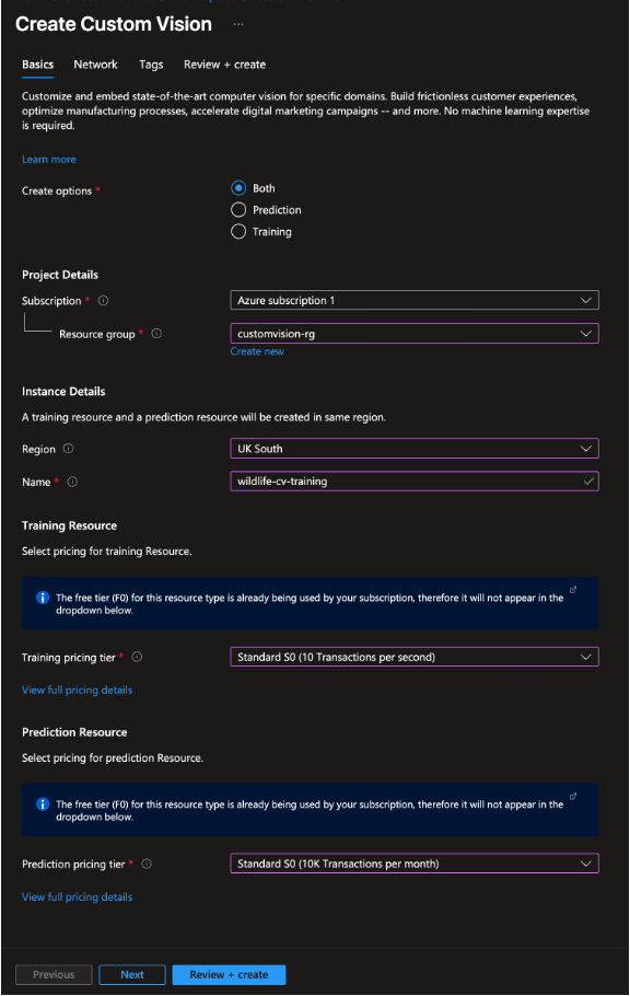 Custom Vision resource creation form showing configuration options