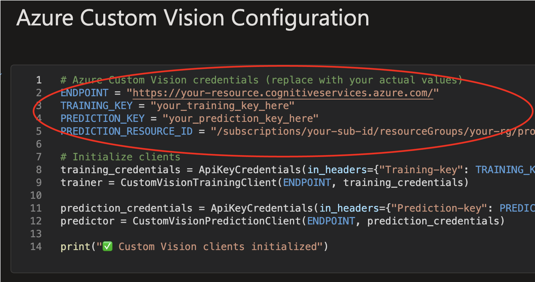 Azure Custom Vision Configuration showing variables to be filled in
