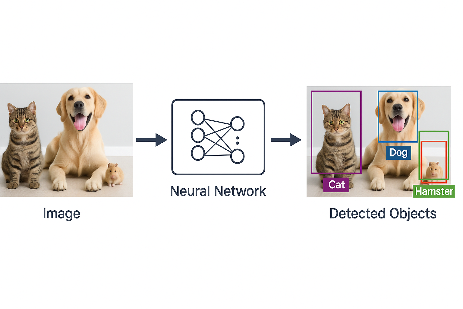 Object detection concept showing bounding boxes around detected pets