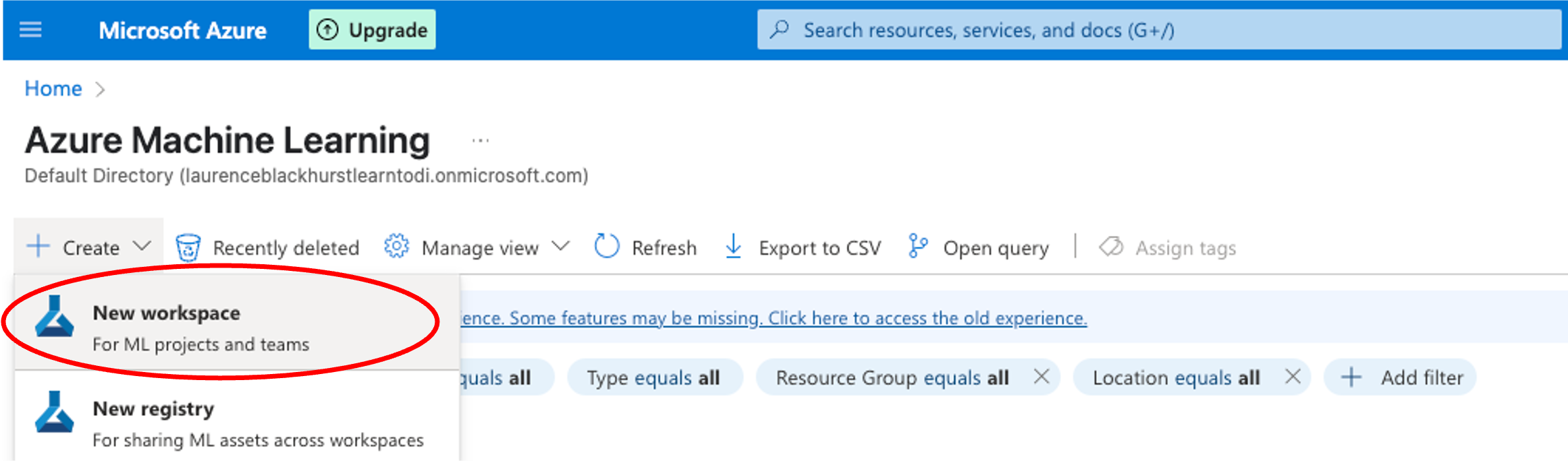 Azure ML service page with Create button highlighted