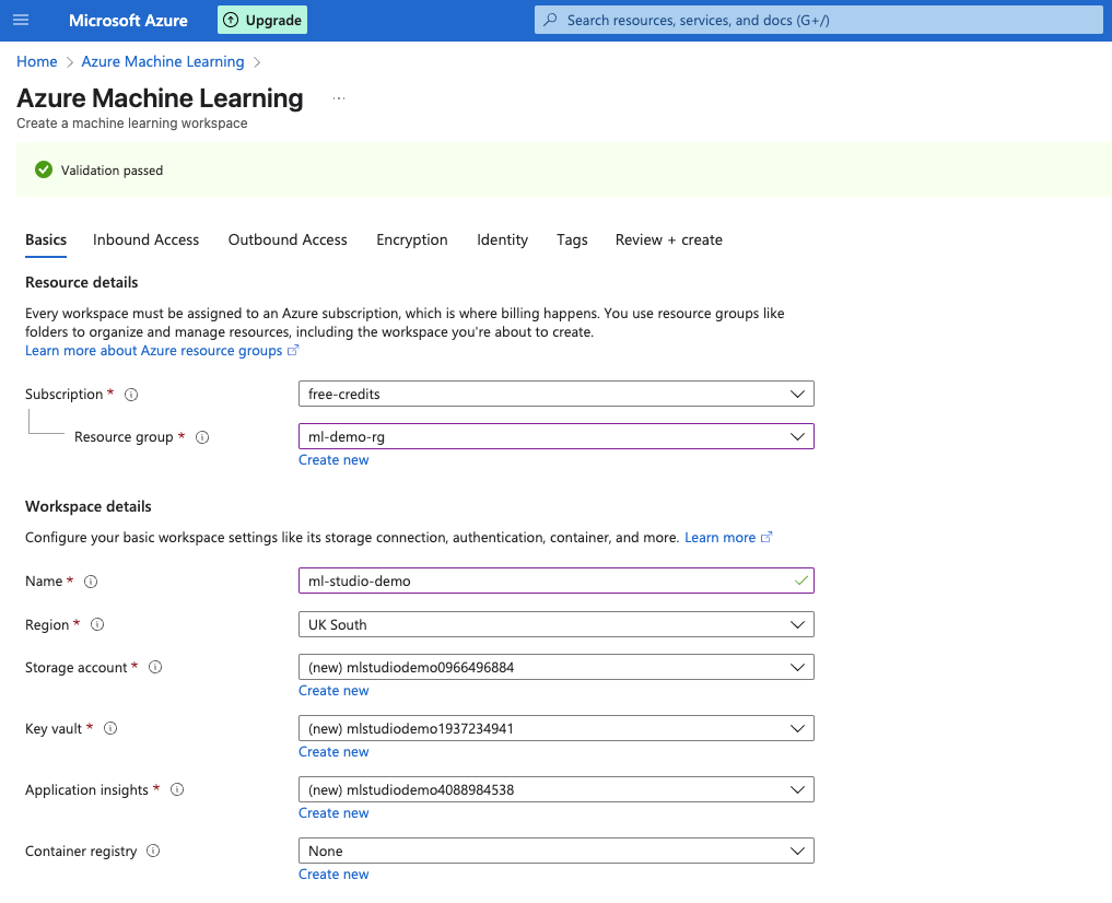 Azure ML service page with Create button highlighted